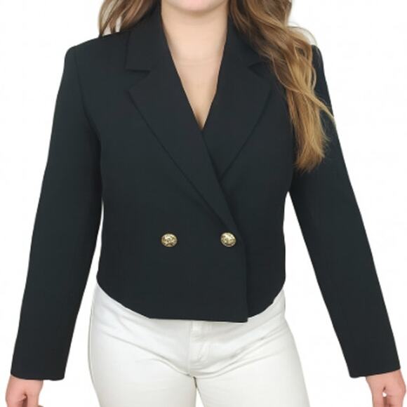 Joie Women's SZ XL Double Breasted Black Cropped Blazer With 2 Gold Buttons - Picture 1 of 6